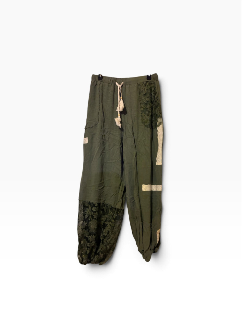 Women's SHEIN Wide Leg Pants Size 12 Olive Green with Black Lace Accents